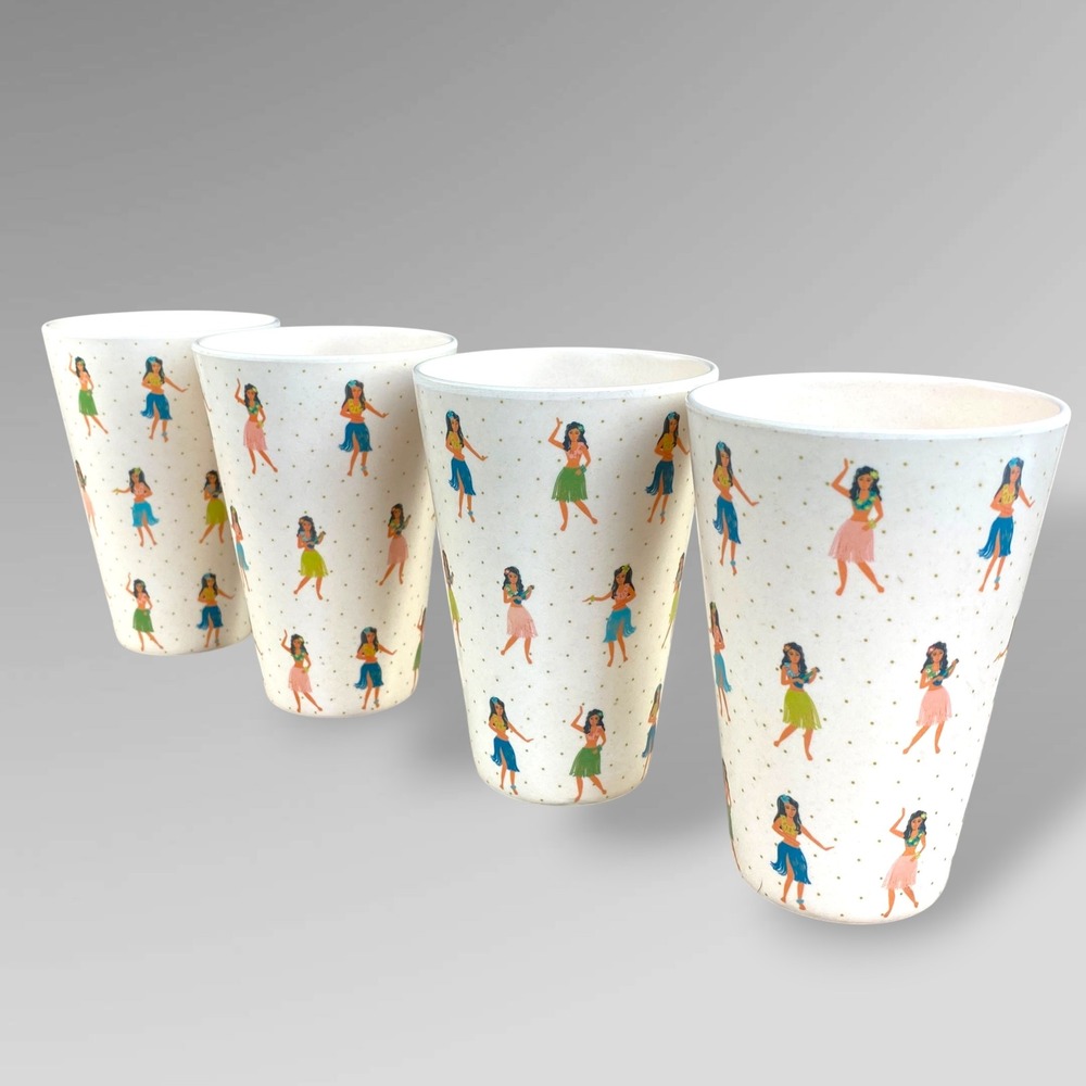 Fig & Fern Hula Girl Tumbler Set of 4 Tropical Retro Tiki Melamine Style Cups‎